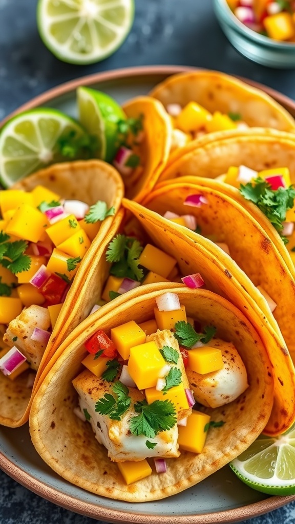 Spicy cod tacos with mango salsa on tortillas, garnished with lime wedges.